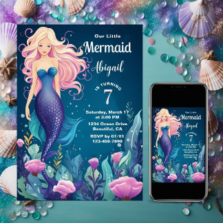 Invitación La caprichosa sirena bajo el océano marino cumplea