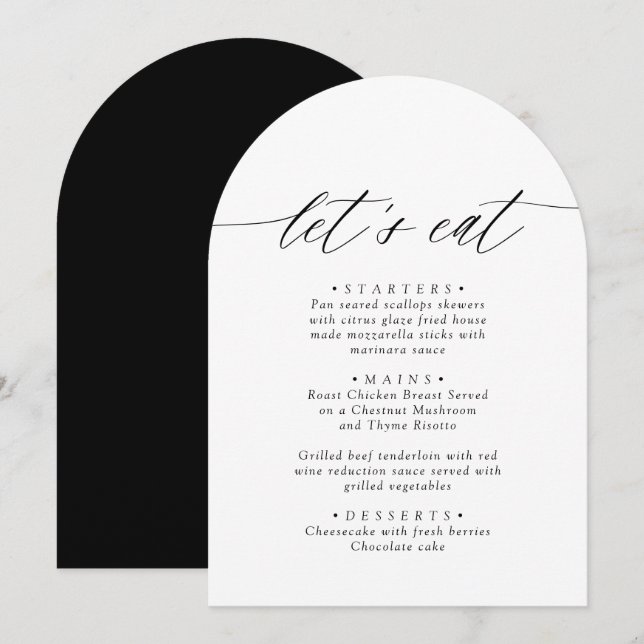 Invitación La carta del menú Let's Eat es blanca y negra (Anverso / Reverso)