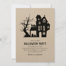 Invitación La casa de embrujo negra. Halloween party rústico