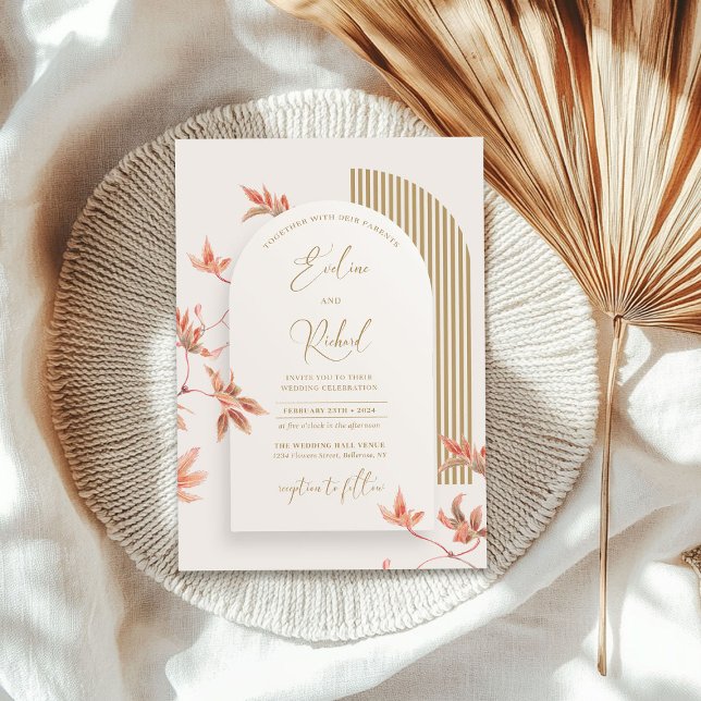 Invitación La cascada elegante deja oro en el arco de boho (Elegant watercolor fall leaves boho arch gold invitation)