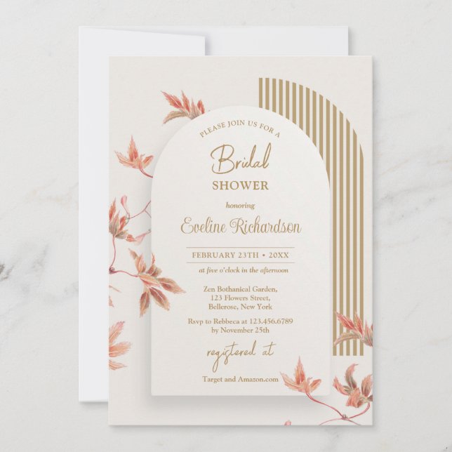 Invitación La cascada elegante deja oro en el arco de boho (Anverso)