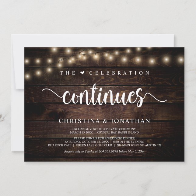 Invitación La celebración continúa Elopamiento de boda rústic (Anverso)