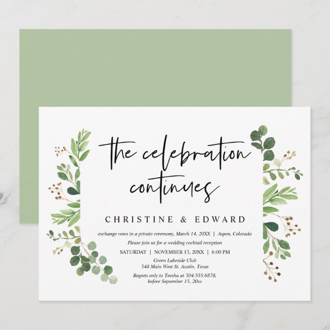 Invitación La celebración continúa, Fiesta de Boda Fugaz (Anverso / Reverso)