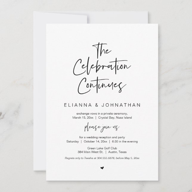 Invitación La celebración continúa, negro, Boda Elopement (Anverso)