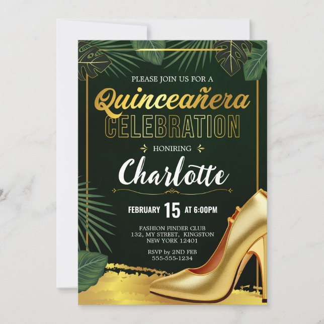 Invitación La celebración de la quinceañera del oro verde esm (Anverso)