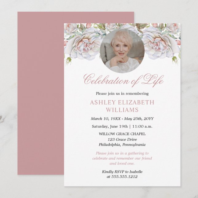 Invitación La celebración de la vida con flores de rosas páli (Anverso / Reverso)