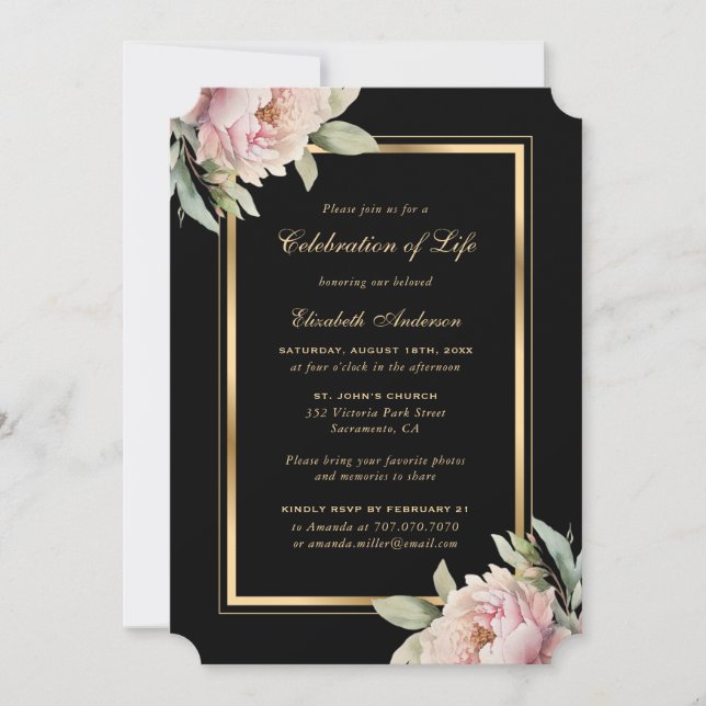 Invitación La celebración de la vida de Black Gold Pink Peony (Anverso)
