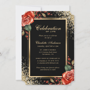 Invitación La celebración de la vida de Black Gold Red Rose