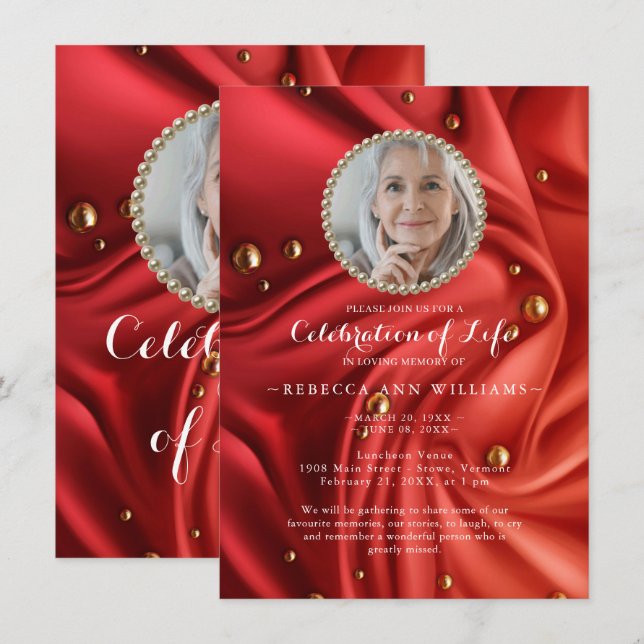 Invitación La celebración de la vida de Red Gold Silky Photo (Anverso / Reverso)