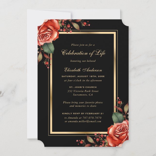 Invitación La celebración de la vida de Red Rose Black Gold P (Anverso)