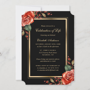 Invitación La celebración de la vida de Red Rose Black Gold P