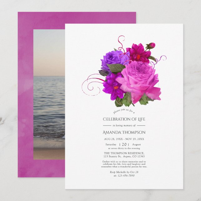 Invitación La celebración de la vida en Fuchsia y el Shabby P (Anverso / Reverso)