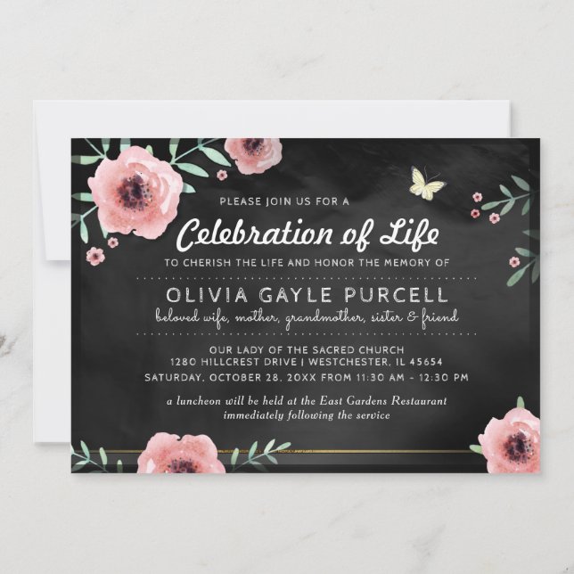 Invitación La celebración de la vida invita a rosa y a floral (Reverso)
