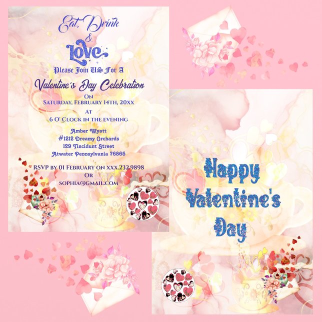 Invitación La celebración de los Día de San Valentín de la be (Eat Drink & Love Heart Valentines Day Celebration Invitation)