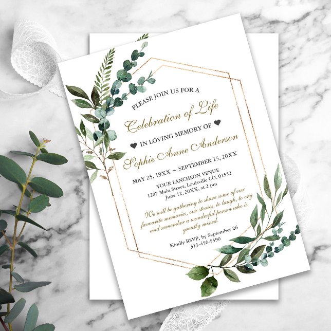 Invitación La celebración del oro de la vegetación en el fune (celebration of life funeral memorial elegant greenery invitation)