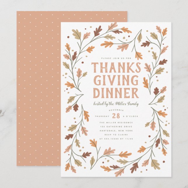 Invitación La cena de Acción de Gracias - Borde de hojas - Wh (Anverso / Reverso)
