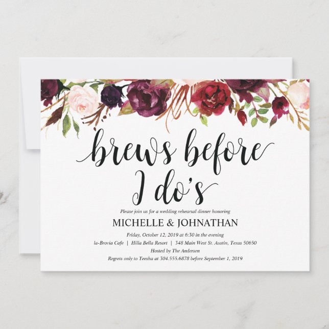 Invitación La cena rústica del ensayo de la boda de Borgoña (Anverso)