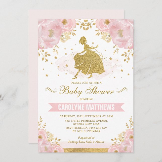 Invitación La Cenicienta Floral Rosa Chica Baby Shower (Anverso / Reverso)