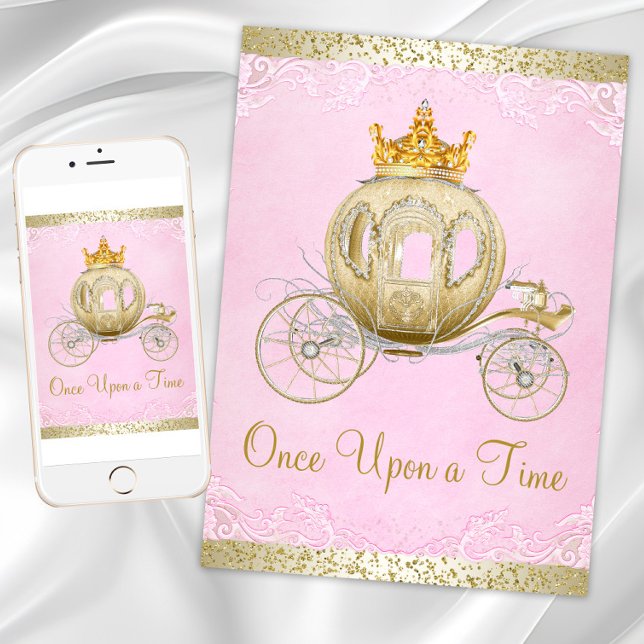 Invitación La Cenicienta Rosa de Érase una vez el cumpleaños  (Pink gold princess birthday party invitation with gold carriage on pink gold back. Any event.)