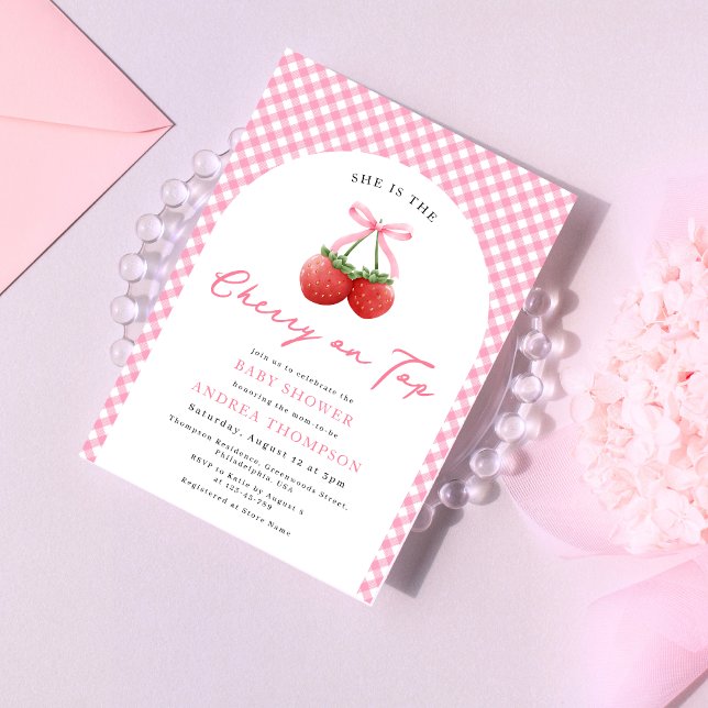 Invitación La cereza rosada de la cereza en Baby Shower Gingh (Subido por el creador)