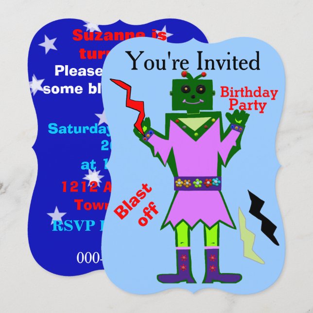 Invitación La chica robot despega y la fiesta de cumpleaños d (Anverso / Reverso)