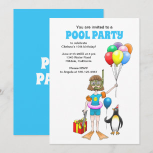 Invitación La chica y la fiesta en la piscina del pingüino
