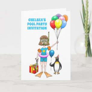 Invitación La chica y la fiesta en la piscina del pingüino