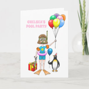 Invitación La chica y la fiesta en la piscina del pingüino