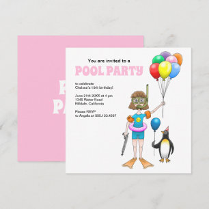 Invitación La chica y la fiesta en la piscina del pingüino