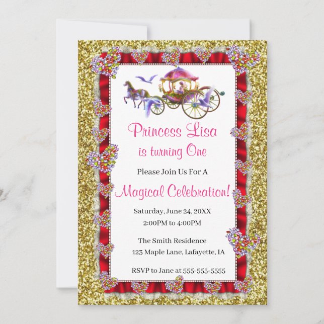Invitación La cinta roja Purpurina de oro de la princesa real (Anverso)