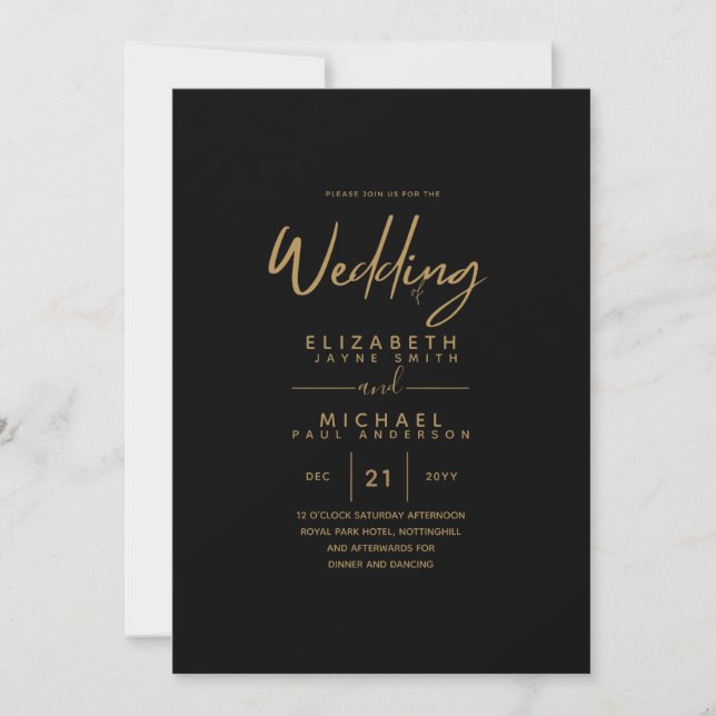 Invitación La clásica moderna boda de oro negro invita a (Anverso)