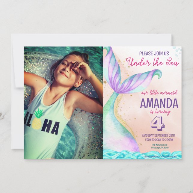 Invitación La cola de la sirena acuarela Cumpleaños Under the (Anverso)