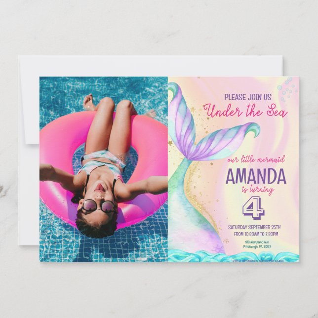 Invitación La cola de la sirena acuarela Cumpleaños Under the (Anverso)