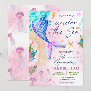 Invitación La cola de la sirena acuarela Cumpleaños Under the