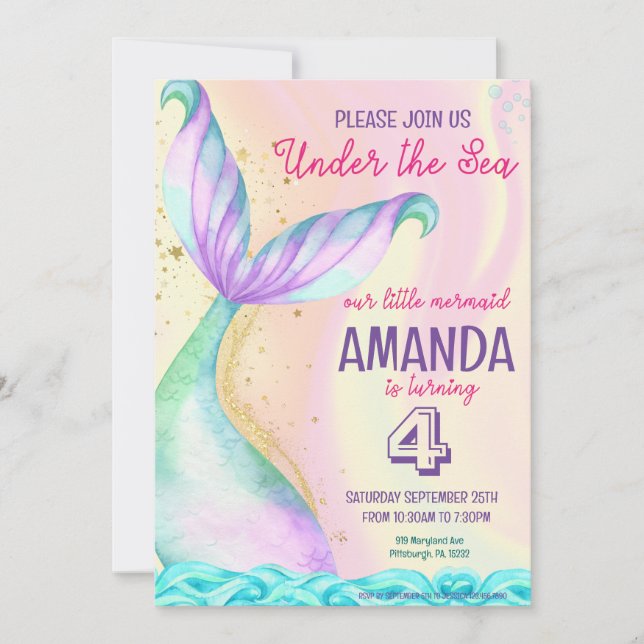 Invitación La cola de la sirena acuarela Cumpleaños Under the (Anverso)