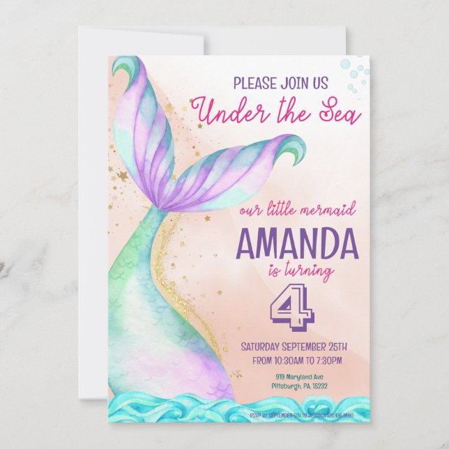 Invitación La cola de la sirena acuarela Cumpleaños Under the (Anverso)