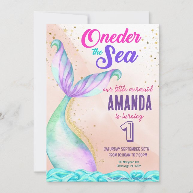 Invitación La cola de la sirena acuarela Cumpleaños Under the (Anverso)