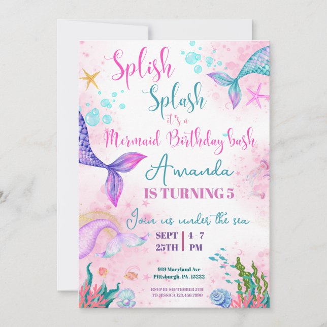 Invitación La cola de la sirena acuarela Cumpleaños Under the (Anverso)