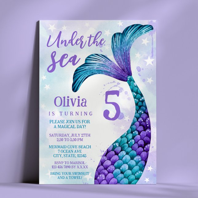 Invitación La cola de la sirena en morado + cumpleaños de col (Mermaid Tail in Purple + Teal Watercolor Birthday Invitation)