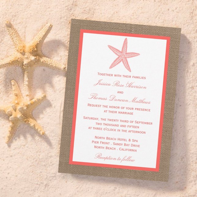 Invitación La colección de bodas Coral Starfish Burlap Beach (Subido por el creador)