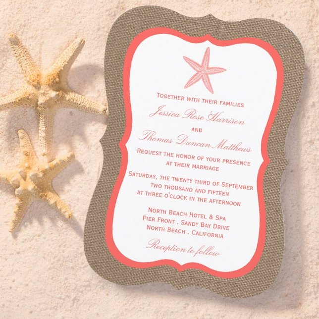 Invitación La colección de bodas Coral Starfish Burlap Beach (Subido por el creador)