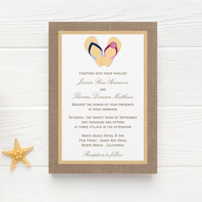 Invitación La colección de Bodas Flip-Flop Sand Beach Burlap (Subido por el creador)