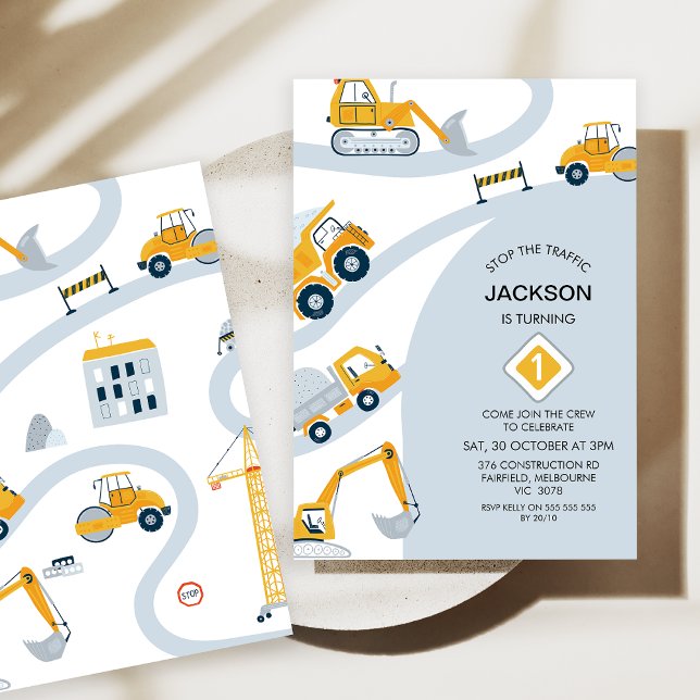 Invitación La construcción moderna detiene el tráfico el prim (Modern Boys Construction 1st Birthday Invitation, Stop the Traffic 1st Birthday Invitation, Grey)