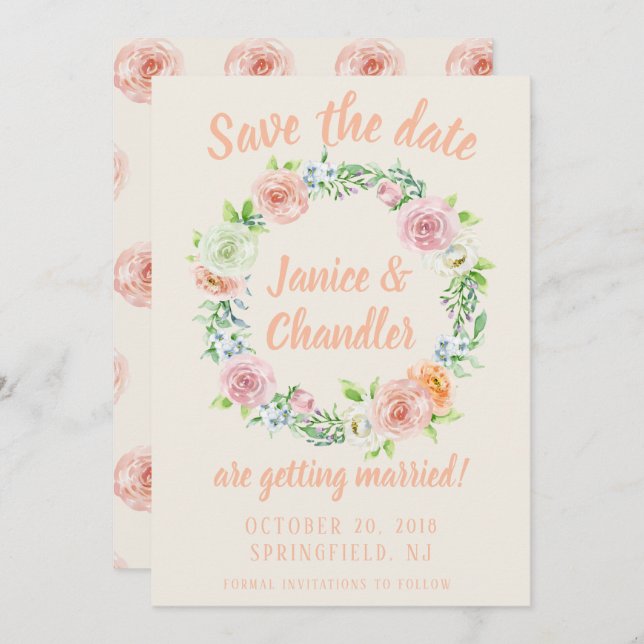 Invitación La corona floral pastel salva la fecha (Anverso / Reverso)