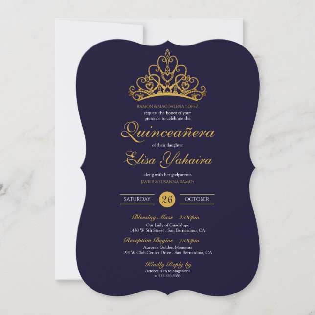 Invitación La Corona Real Azul Oro Tiara Elegante Quinceañera (Anverso)