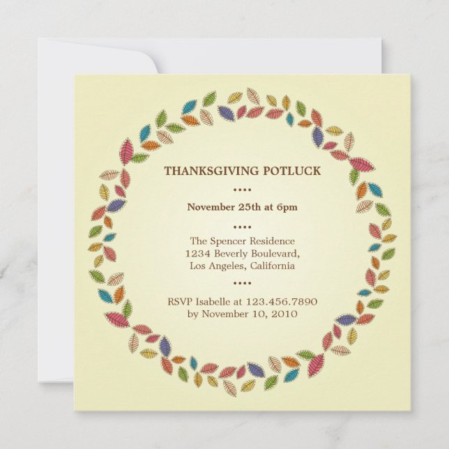 Invitación La cosecha de Acción de Gracias deja a Potluck Fie (Anverso)