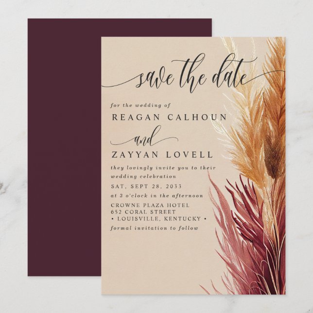 Invitación La Crema Borgoña Moderna De Pampas Grass Salva La  (Anverso / Reverso)