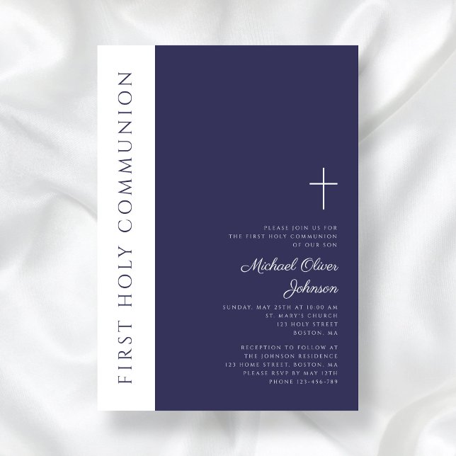 Invitación La Cruz Azul de la Marina Moderna es la primera co (Modern Navy Blue Cross First Holy Communion Invitation)