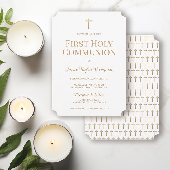 Invitación La cruz blanca del oro puro primera comunión santa (Gender neutral First holy communion gold cross and white invitation )