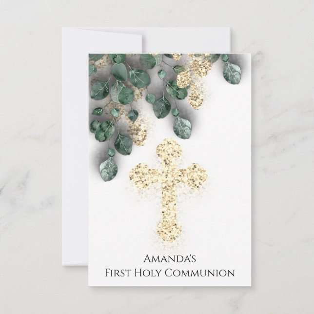 Invitación La cruz de la comunión blanca del oro verde primer (Reverso)